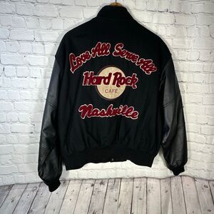 Hard Rock Cafe Jacket Mens Large Varsity Bomber Nashville Wool Leather Coat Blac
